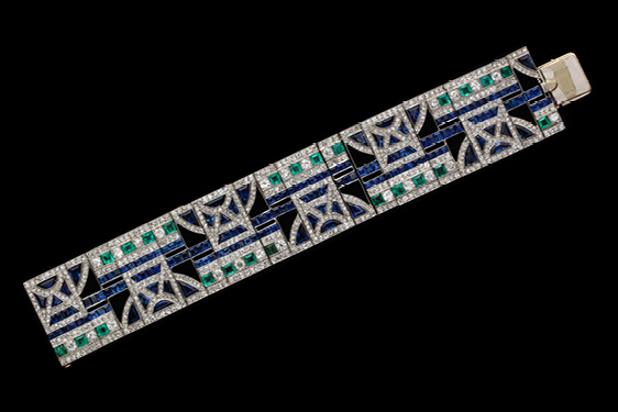 Rare Sapphire, Diamond, & Emerald Bracelet in Platinum by Georges Fouquet, designed by Leveille. Circa 1925