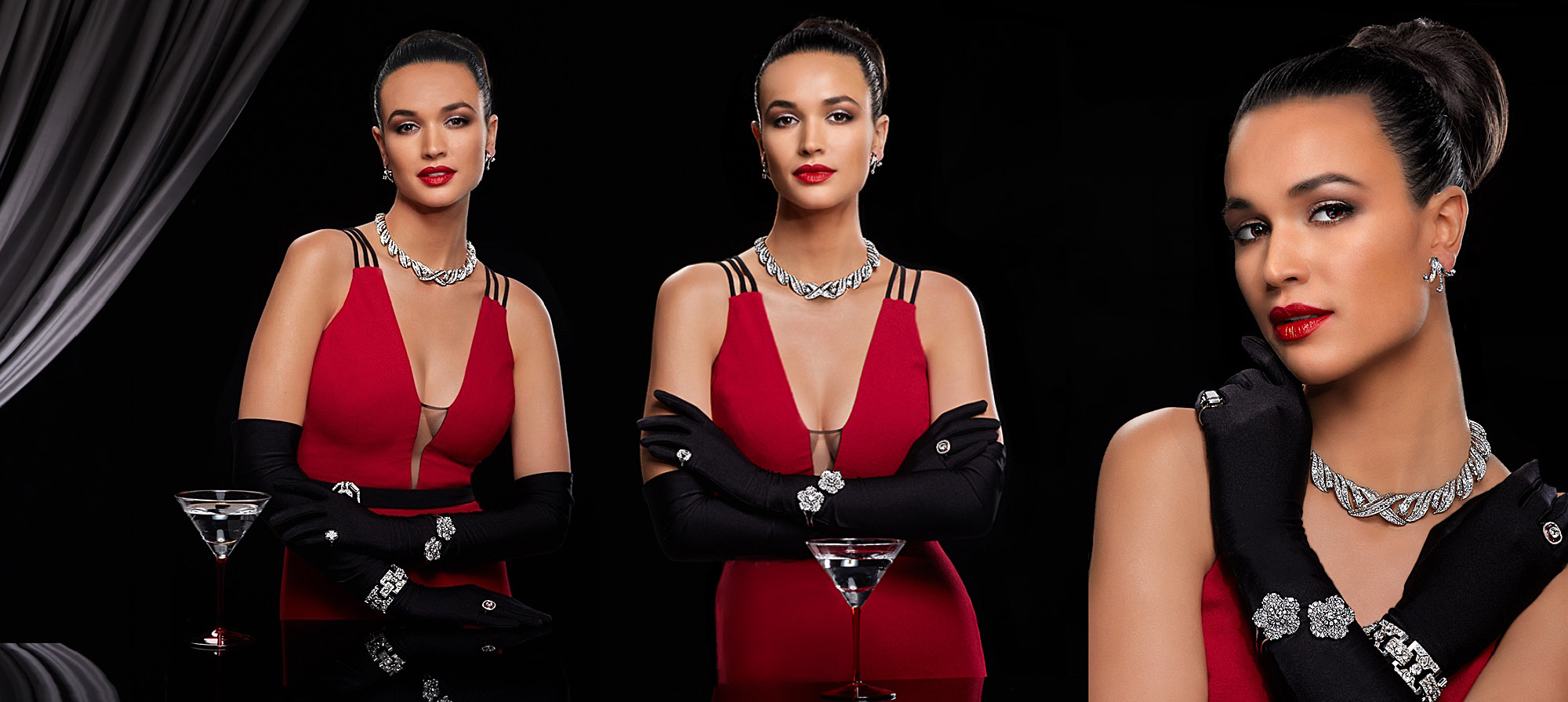 Image of same women standing with a martini in front of her in three different poses wearing red dress diamond earrings, necklace, bracelets and rings with a black background
