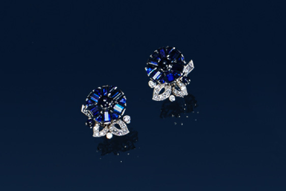 Sapphire and Diamond Flower Earrings by Cartier, London. Circa 1956