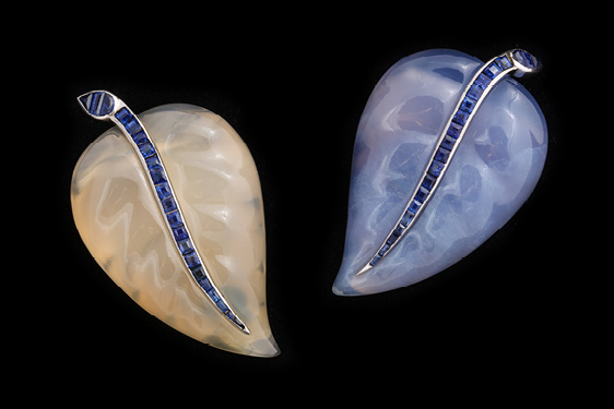 Pair of Chalcedony and Sapphire Clips by Suzanne Belperron, Paris