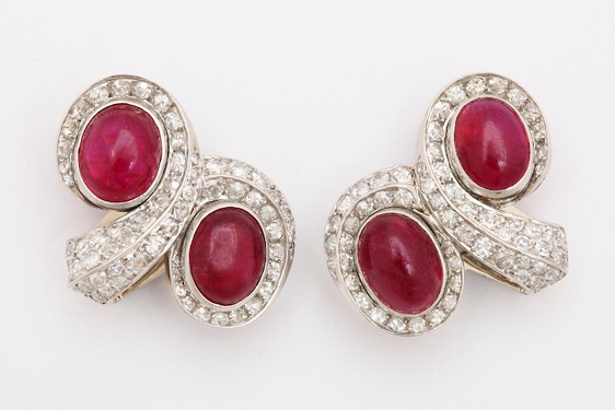 Cabochon Ruby and Diamond Earrings by Suzanne Belperron, Paris