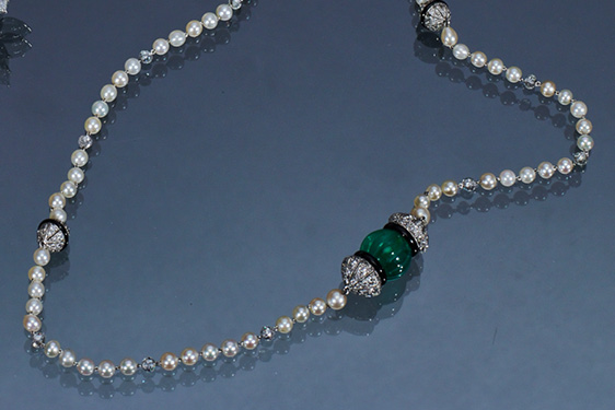 Art Deco Carved Emerald, Diamond, Natural Pearl and Onyx Sautoir