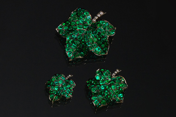 Set of three Emerald Leaf Brooches by Pat Saling