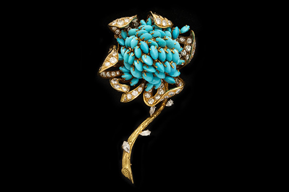 Turquoise and Diamond Flower Brooch, French