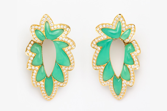 French Green Chalcedony and Diamond Earrings. Circa 1960