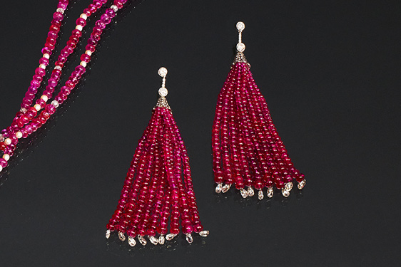 Ruby-Bead and Diamond Earrings in Platinum