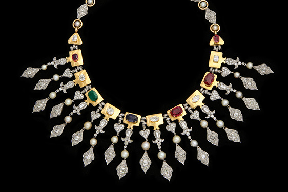 Ruby, Diamond, Emerald, Sapphire, and Natural Pearl Necklace by Rene Boivin for the Great French Poet Louise Leveque De Vilmorin
