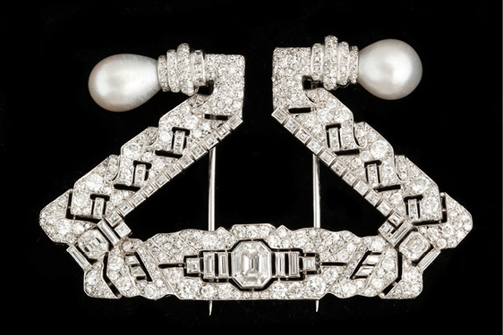 Art Deco Diamond and Natural Pearl Brooch by Rubel