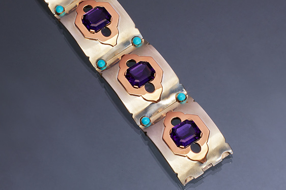 Art Deco Amethyst and Turquoise Bracelet by Ghiso