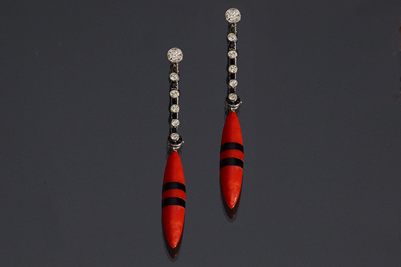Art Deco Diamond, Coral, and Onyx Earrings