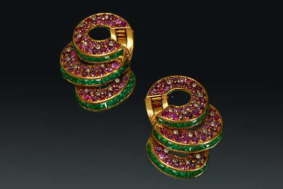 Ruby, Diamond & Emerald Earrings by Henri Lavabre, Paris