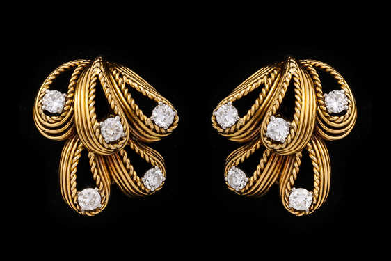 Diamond Earrings and Brooch in Gold by Cartier, Paris