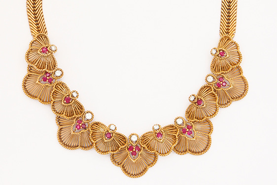 Ruby & Diamond Flower Necklace in Gold by Champagnat