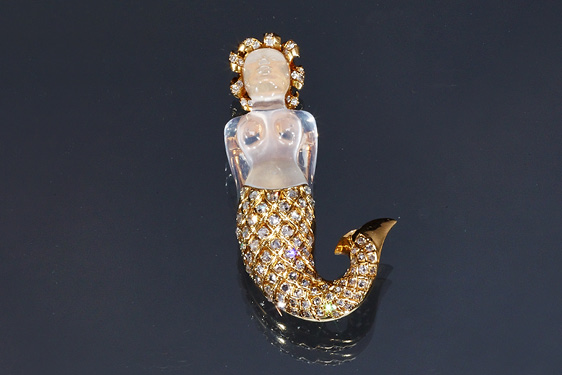 Rock Crystal and Diamond Mermaid Brooch in Gold by Rene Boivin, Paris