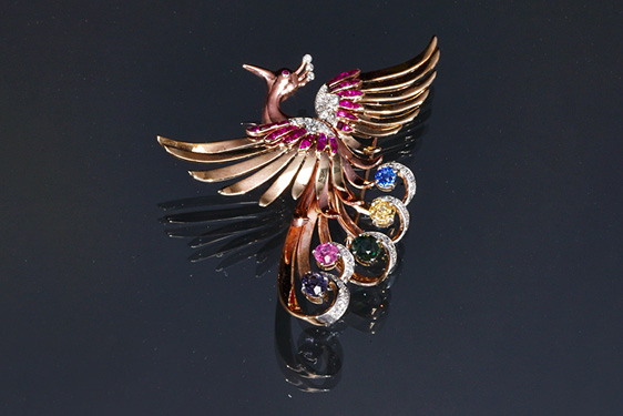 Multi-Color Sapphire and Diamond Phoenix Brooch in Gold