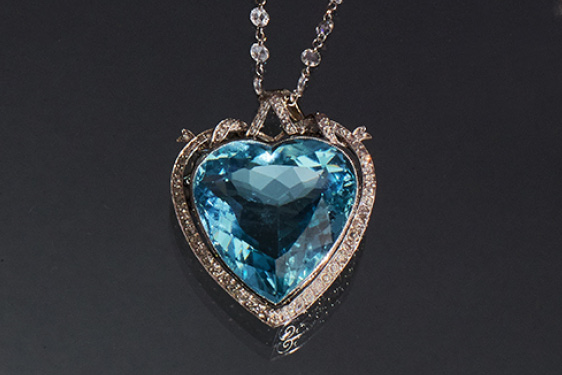 Edwardian Heart-shaped Aqua & Diamond Pendant on Diamond Chain