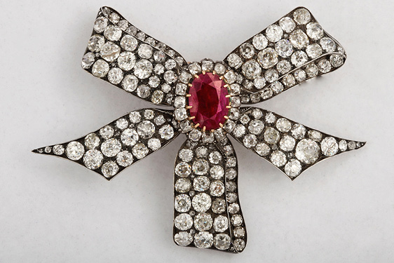 Antique Ruby & Diamond Bow Brooch. Circa 1880